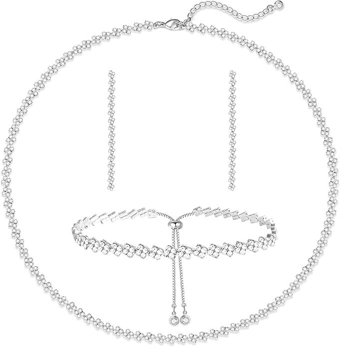 Tennis Necklace Bracelet for Women, Sterling Sliver, Dainty Chocker Necklace, Crystal Bracelet for Women, Wedding Jewelry for Bride, Sparkly Party Prom Hypoallergenic