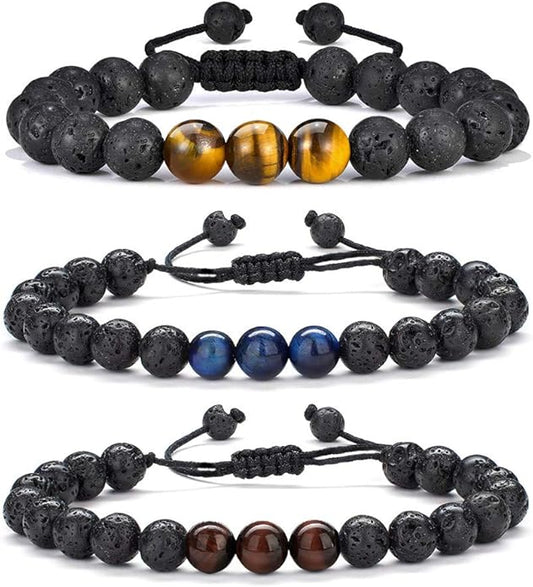 M MOOHAM Natural Stone Bracelets for Men - 8mm Tiger Eye, Matte Agate, Lava Rock - Teen Boys Gifts for Birthday, Anniversary, Christmas