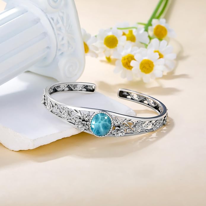 Genuine Turquoise Vintage Flower Bracelet Bangle, Sterling Silver Boho Adjustable Bangle Cuff Native American Jewelry for Women, Fit for 6.5 7 7.5 Inches