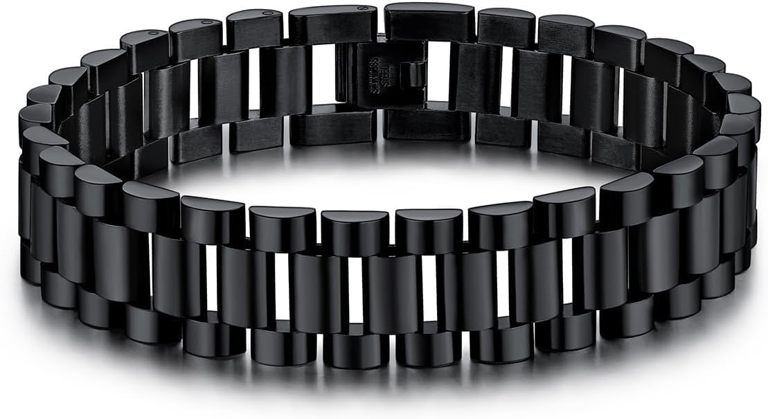 U7 Link Bracelets for Men, Cuban Link/Rope/Watch Band Solid Bracelet, Silver Black Gold Color Wrist Bracelet 3/6/9/12/15mm Width, 6.5/7.5/8.3 Inch Length, Hand Chain Jewelry for Mens Women