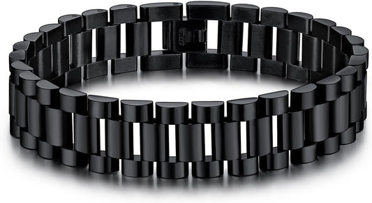 U7 Link Bracelets for Men, Cuban Link/Rope/Watch Band Solid Bracelet, Silver Black Gold Color Wrist Bracelet 3/6/9/12/15mm Width, 6.5/7.5/8.3 Inch Length, Hand Chain Jewelry for Mens Women