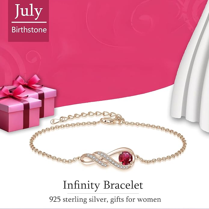 Birthstone Bracelets for Women 925 Sterling Silver Created Gemstone Bracelet Infinity Pendant Jewelry for Her, 6.7"+1.2"