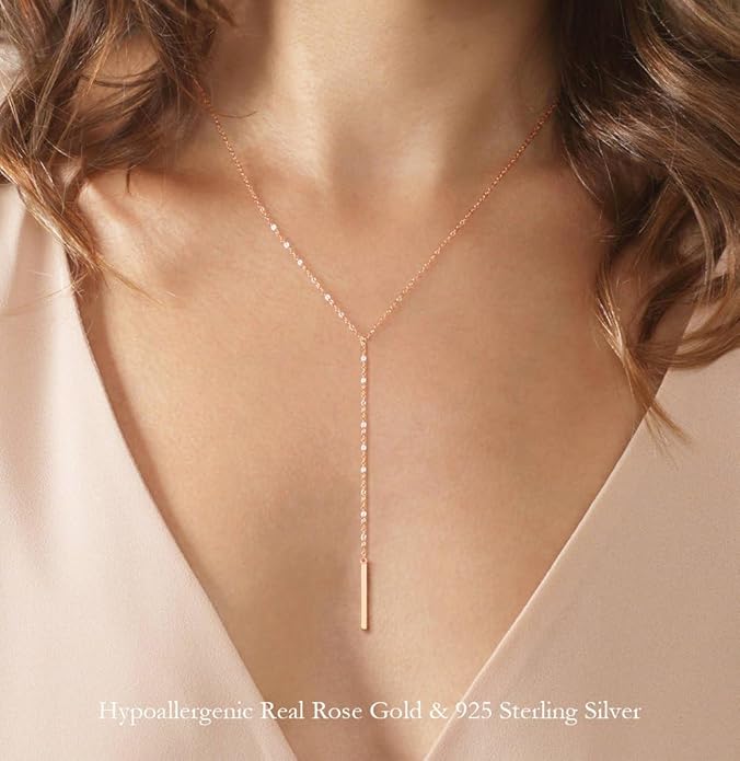 Metzakka Sterling Silver Lariat Necklace, Chic Minimalist Drop Bar Y Chain Necklace for Women