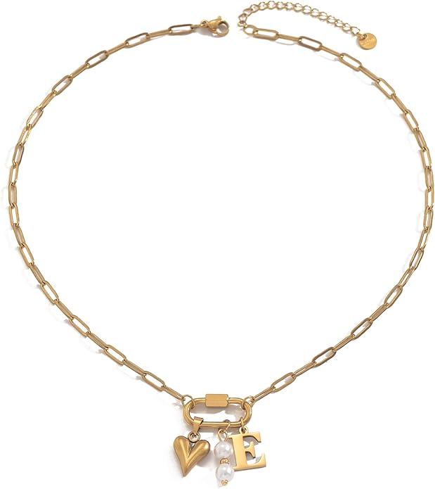 Gold Heart Initial Necklaces for Women 18K Gold Plated Dainty Pearl Letter Necklace Personalized Monogram Name A-Z Pendant Everyday Jewelry for Women