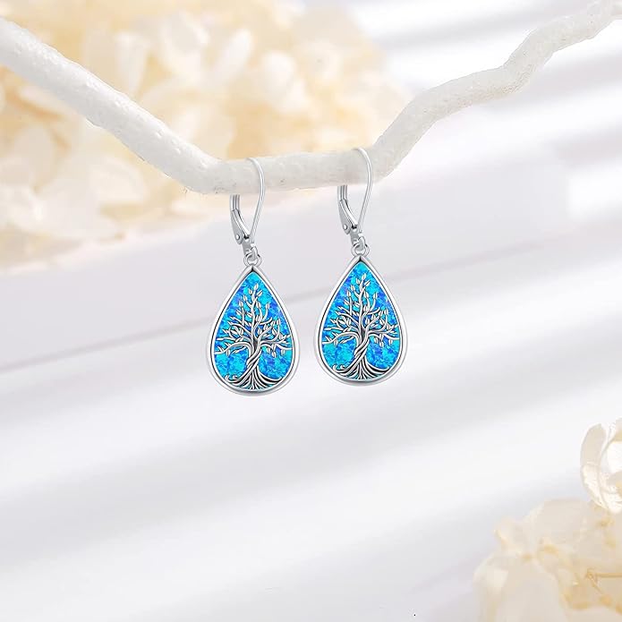 Sterling Silver Tree of Life/Flower/Bee/Animals/Cat/Hummingbird Dangle Earrings Moonstone Turquoise Drop Leverback Earrings Jewelry Gifts