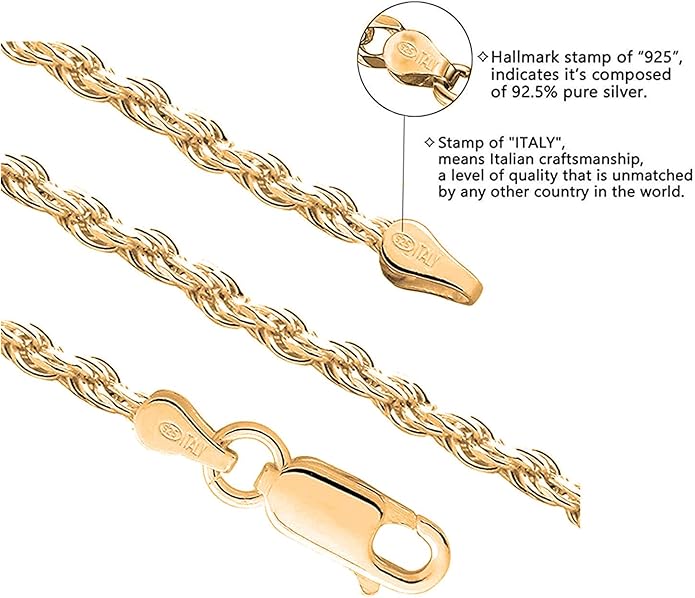 Savlano 925 Sterling Silver Chain Anklet Rope, Figaro, Mariner, Curb - 18K Gold Plated Chain Anklet Available in 9, 10 and 11 - Inches for Women Comes with a Gift Box - Made in Italy