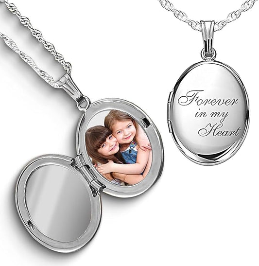 PicturesOnGold.com Sterling Silver & Yellow Gold Filled Oval Forever in My Heart Locket Necklace for Women with 18 Inch Chain