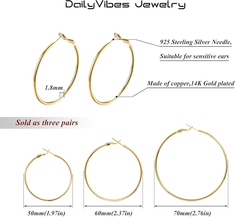 Big Gold Hoop Earrings for Women Hypoallergenic 925 Sterling Silver Post Thin Loop 14K Gold Plated Hoop Earrings Set for Women, 3 Pairs