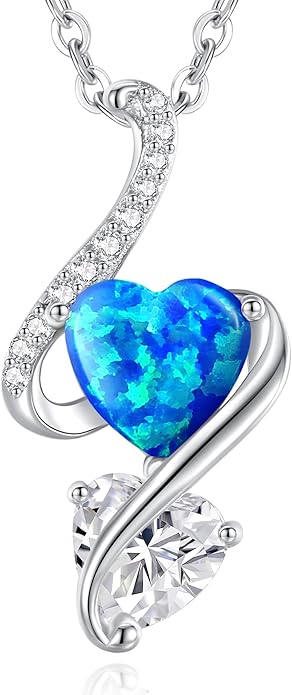LOUISA SECRET 925 Sterling Silver Opal Birthstone Necklace, Unique Tiny Double Heart Pendant Jewelry, Engraved with "S925 I Love You" Best Birthday Gift for Women Wife Girlfriend Mom Her, Christmas Day Valentine's Day Anniversary Mother's Day