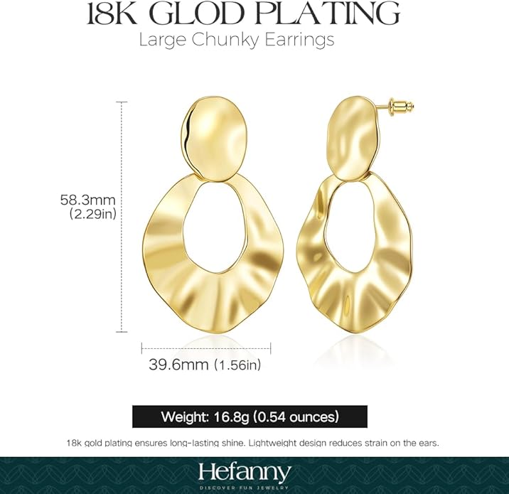 Hefanny Large Hammered Teardrop Dangle Earrings Geometric Chunky Flower Earrings Women's Trendy Statement Jewelry Multiple Styles
