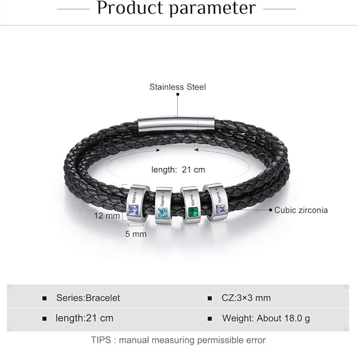 kaululu Custom Leather Bracelet for Men with 1/2/3/4/5/6/7/8 Birthstones Engraved Stainless Steel Beads Personalized Names Bracelet for Father's Day Christmas Thanksgiving Gift for Men