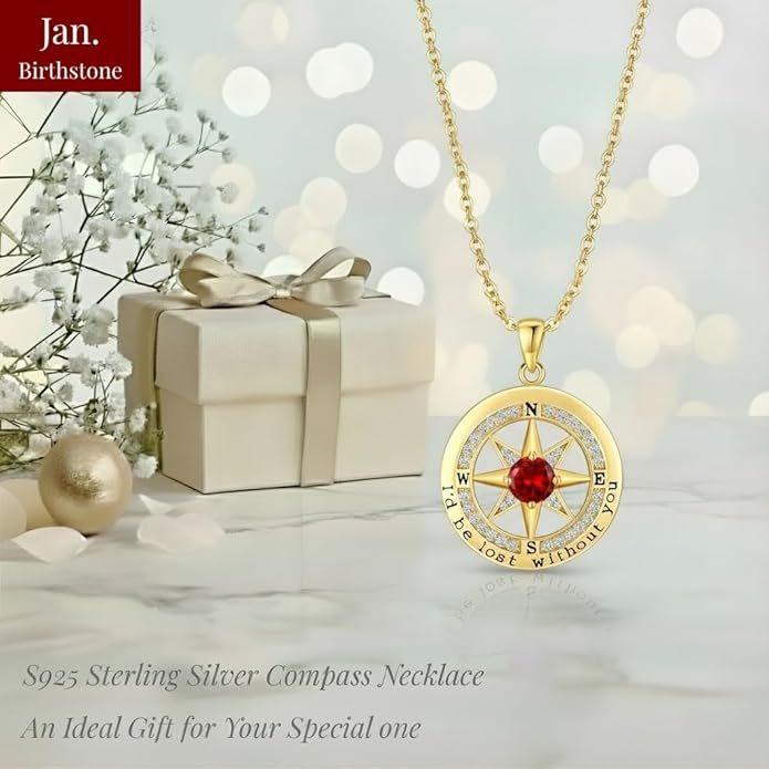 Compass Necklace for Women Wife Girlfriend Mom Daughter Gifts S925 Silver Jewelry For Anniversary Rose Gold Gifts For Birthday Christmas Mothers Valentines Day 12 Birthstones