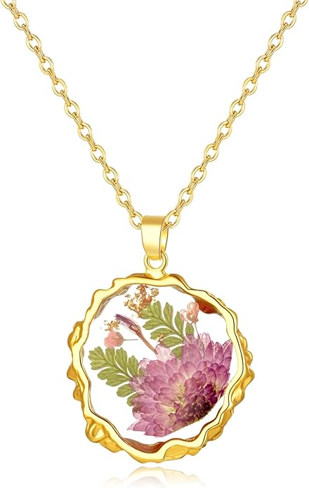 Birth Flower Necklaces for Women,1-12 Month Real Pressed Flower Necklace,Boho-Style Personalized Jewelry, Handmade Floral Pendant,Thoughtful Gift for Christmas,Birthday|18"