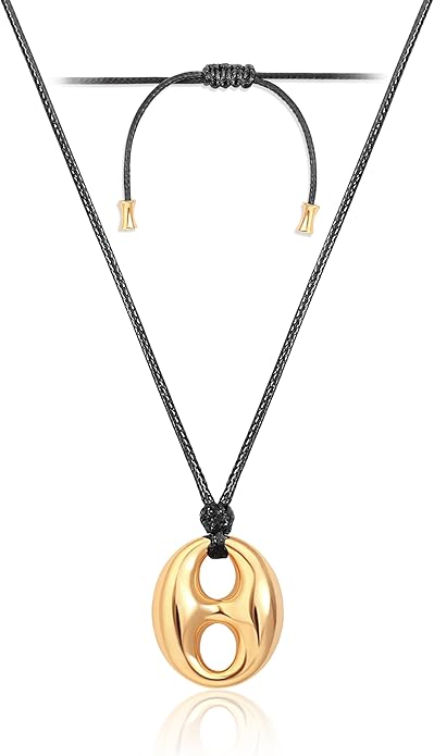 Aobei Pearl Y Shaped Long Necklaces for Women Large 18K Gold Plated Pig Nose Pendant Choker Adjustable Black String Cord Necklace Boho Handmade Jewelry