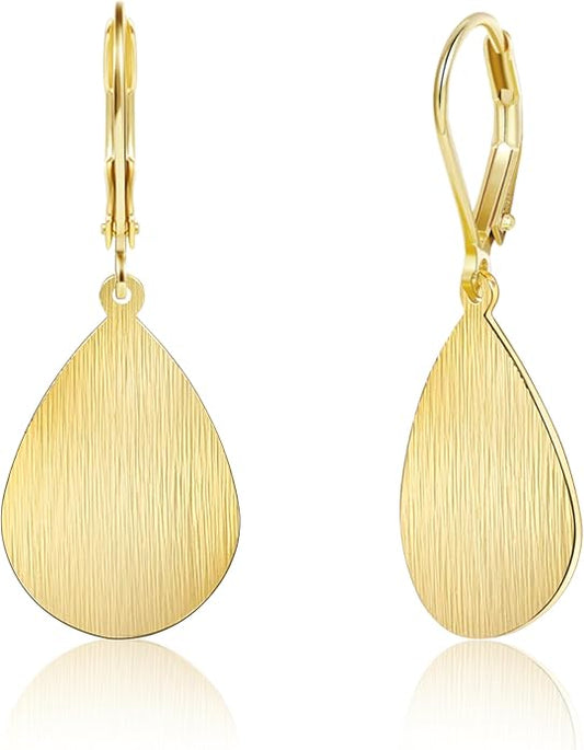 14K Gold Dangle Earrings for Women，Lightweight Circle Disc Coin Geometric Flat Brushed Drop Earrings, Hypoallergenic Leverback Earrings S925 Jewelry