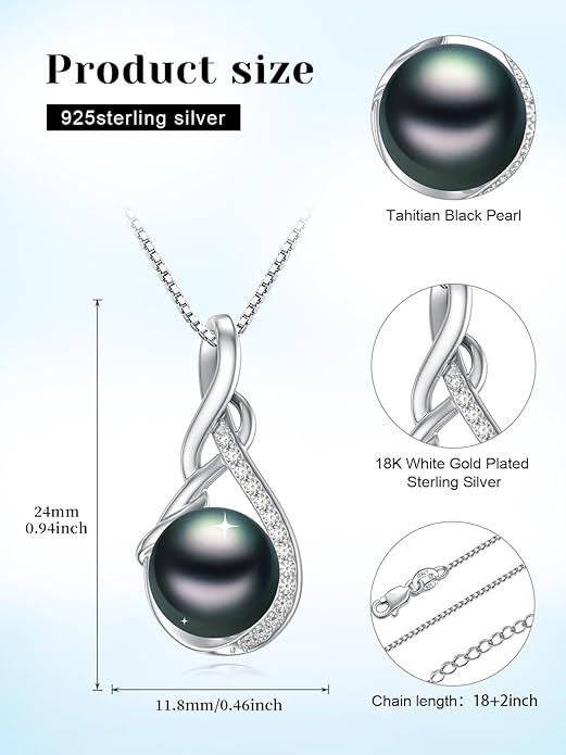 Tahitian Black Pearl 18K White Gold Plated Sterling Silver Heart/Infinity/Four Leaf Clover Pendant Necklace Jewelry Gifts for Women Wife Mom Girlfriend Wedding Birthday Anniversary Christmas