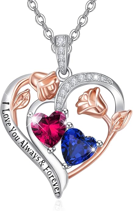 Zeuslia Double Birthstone Necklace Gifts for Wife - 925 Sterling Silver Sunflower/Rose/Crown Cross/Compass/Heart Pendant I Love You Necklace, Anniversary Birthday Gifts for Wife Girlfriend Mom Her
