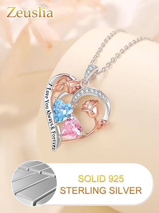 Zeuslia Double Birthstone Necklace Gifts for Wife - 925 Sterling Silver Sunflower/Rose/Crown Cross/Compass/Heart Pendant I Love You Necklace, Anniversary Birthday Gifts for Wife Girlfriend Mom Her