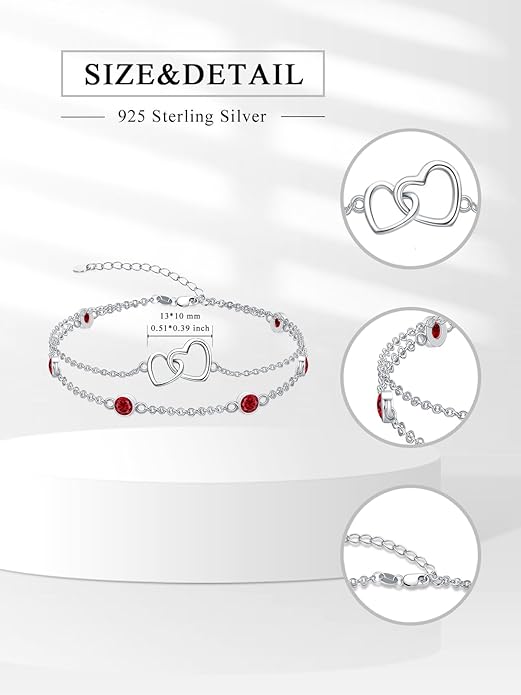 Dorunmo Heart Birthstone Bracelet Anklet for Women 925 Sterling Silver Birthday Jewelry Gifts for Women Wife