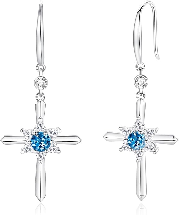 FANCIME Cross Dangle Drop Earrings 925 Sterling Silver Dainty Round Birthstone Earring Fine Jewelry Birthday Gifts for Her Women