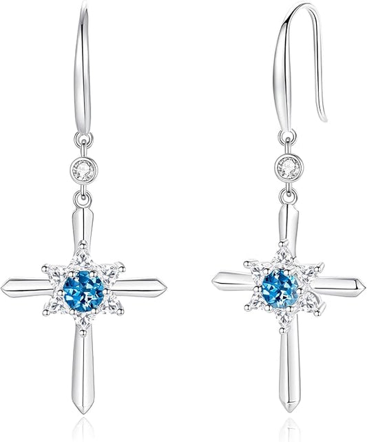FANCIME Cross Dangle Drop Earrings 925 Sterling Silver Dainty Round Birthstone Earring Fine Jewelry Birthday Gifts for Her Women