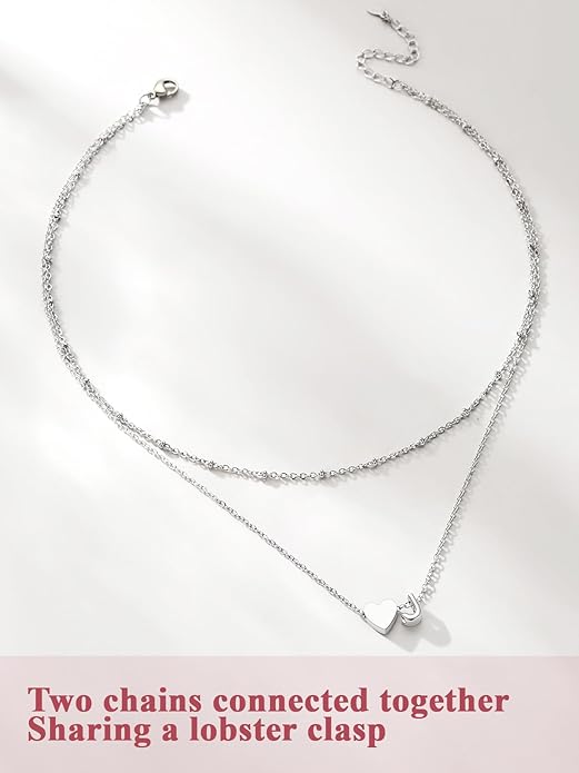FOCALOOK Layered Initial Necklace for Women, 14K Gold Plated Choker Necklaces Stacks with Initial A-Z, Dainty Silver Heart Pendant Necklace Personalized Birthday Women Jewelry