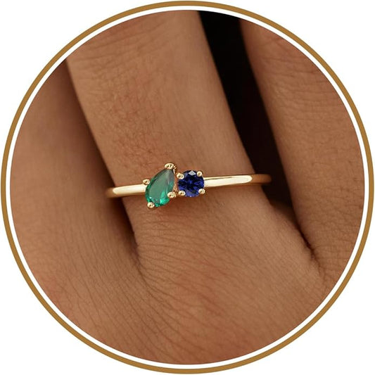 JSJOY Birthstone Rings for Women Dainty Emerald Blue Ring Birthday Gifts for Mom Her Gemstones CZ Ring for Teens Gold Rings That Don't Tarnish Adjustable Ring Jewelry Gifts