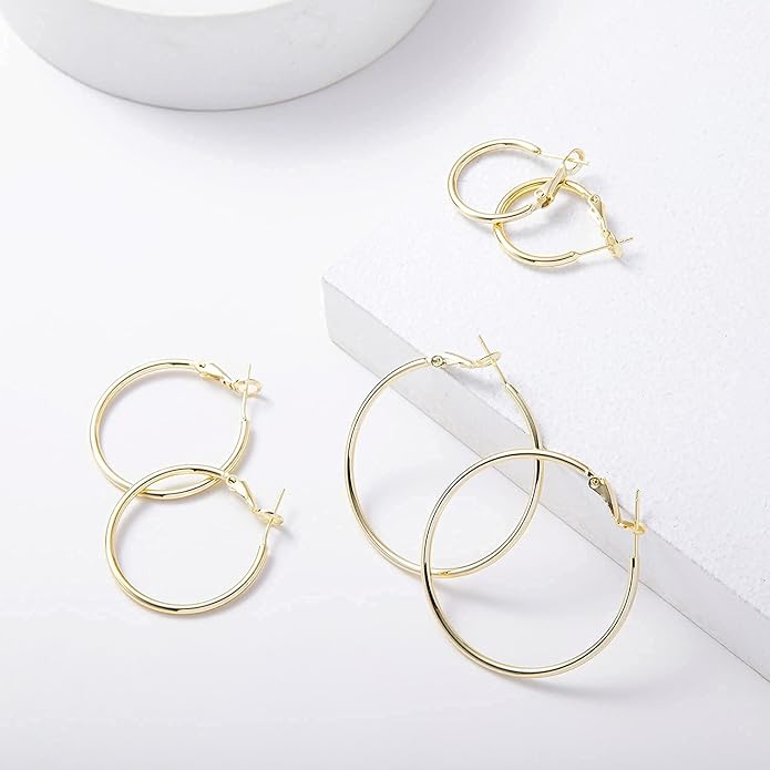 Big Gold Hoop Earrings for Women Hypoallergenic 925 Sterling Silver Post Thin Loop 14K Gold Plated Hoop Earrings Set for Women, 3 Pairs