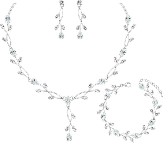 Elegant Bridal Jewelry Sets Clear Cubic Zirconia Wedding Necklace Earrings Bracelet Set for Birdes Bridesmaids CZ Prom Jewelry