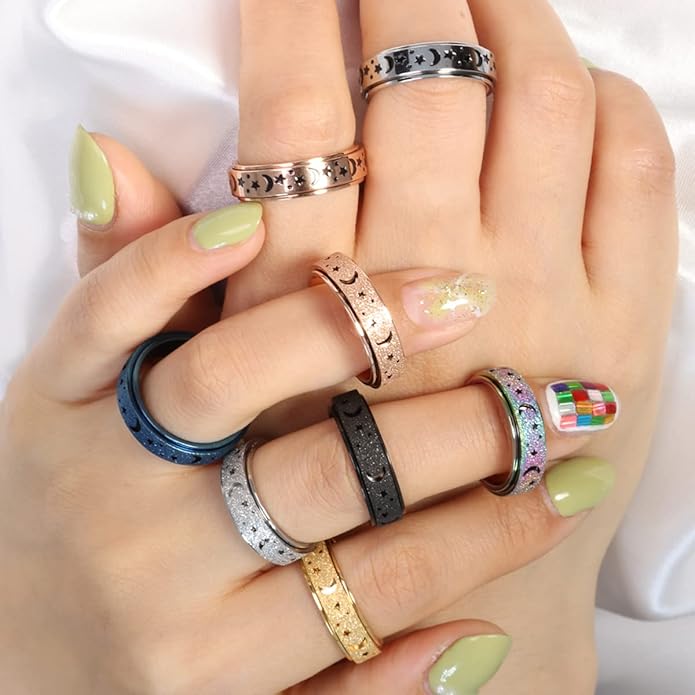 AmorArtSky Anxiety Ring for Women Men, Titanium Stainless Steel Spinner Ring, 5 Colors, 6MM, Size 6-10, 3 Styles Anxiety Ring-Moon Star, Sandblasted Finished, Hollow Outer