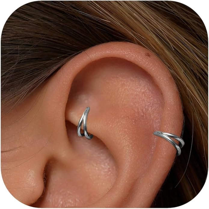 2 PCS Small Cartilage Double-Hoop Helix Conch Piercing Earrings With Cubic Zirconia For Women Trendy 14K Gold Plated Titanium Surgical Stainless Steel Sets Jewelry