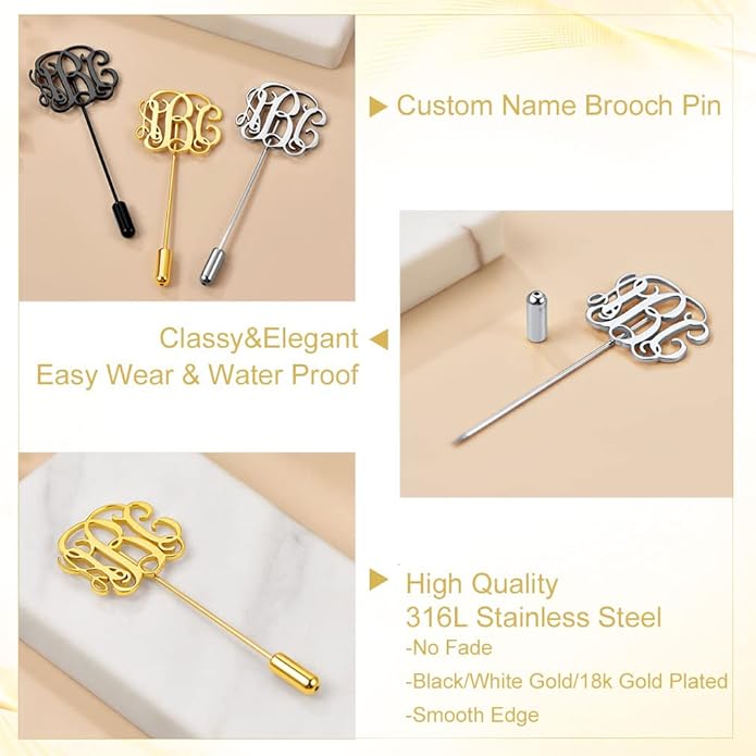 Custom4U Custom Name Pin Personalized Brooch Pins for Women Men Stainless Steel Name Tag with Letters/Initials - Silver/Gold/RoseGold/Black Customized Jewelry Gifts for Birthday Wedding Business Party