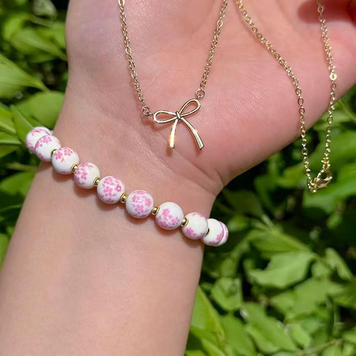 Qiuseadu Bow Bracelet Necklace Set 14K Gold Beaded Bracelet Dainty Bow Pendant Choker Jewelry Gift Set