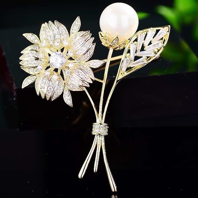 14K Gold Crystal Flower Brooch with Shiny Pearls - Exquisite Floral Pin, Versatile Gift for Mother's Day, Valentine's, or Friendship Celebrations