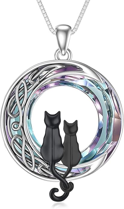 TOUPOP Christmas Cat Gifts for Cats Lovers One Two Three Four Cats Necklace Sterling Silver Cats on the Moon Pendant Necklace with Blue Circle Crystal Birthday Christmas Celtic Jewelry Gifts for Women