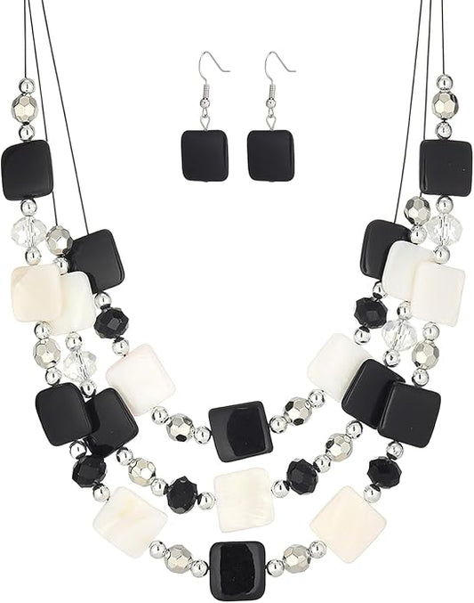Layered Beaded Statement Necklaces for Women Square Shell Bead Collar Necklace and Earring Set Birthday Gifts Boho Jewelry Sets for Women