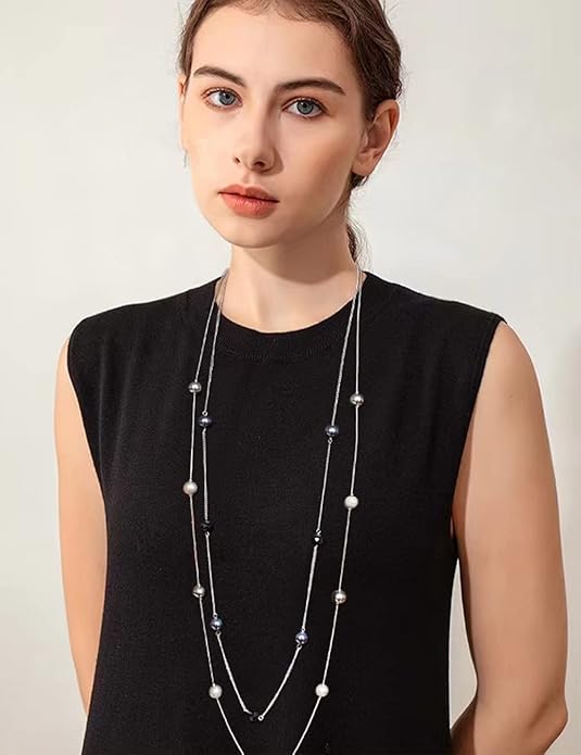 Silver Layered Long Necklace for Women Pearl Crystal Sweater Strand Chain Necklaces Fashion Gifts