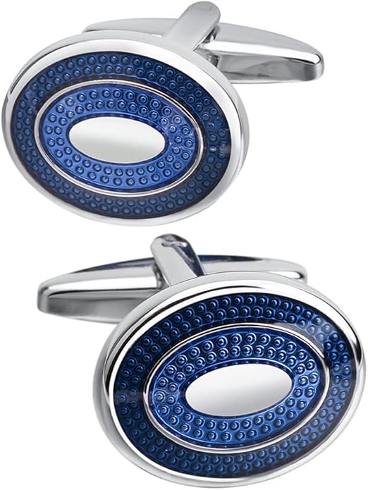 Fomissky Oval Navy Blue Cufflinks for Men Silver Plated, Personalized Men's Cuff Links Groom Wedding Gifts Tuxedo Business Shirt Accessories