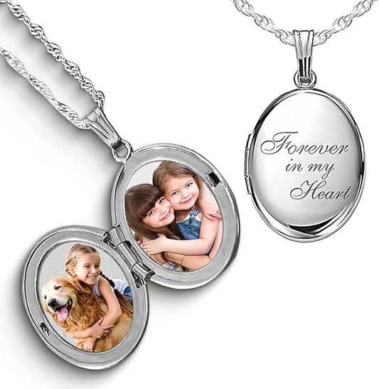 PicturesOnGold.com Sterling Silver & Yellow Gold Filled Oval Forever in My Heart Locket Necklace for Women with 18 Inch Chain