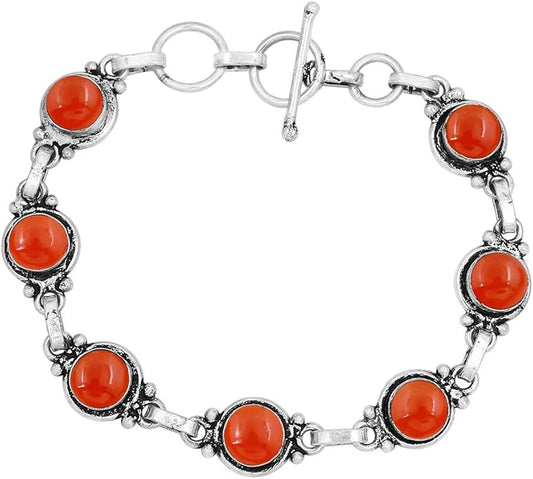 Round Shape Natural & Synthetic Gemstones Silver Plated Bracelets for Women - Vintage Bohemian Style Handmade Birthstone Adjustable Link Bracelet Jewelry Gifts for Wedding Anniversary Mother's Day