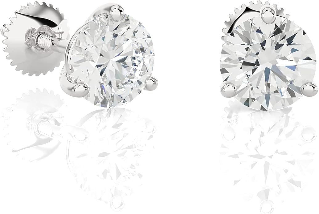 1/4 to 2 Carat Natural or Lab Grown Diamond Round Stud Earrings for Women in 14k White Gold (D-E to L-M, VVS1-VVS2 to SI2-I1, cttw) 3-Prong Martini Screw Back by Privosa Fine Jewelry
