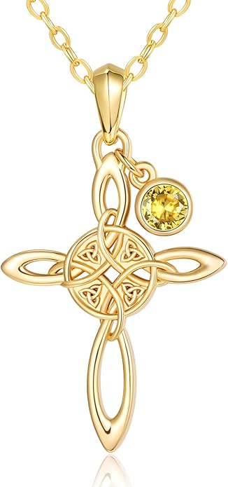 Witches Knot Necklace for Women, 14K Gold Celtic Knot Cross Jewelry with Triquetra Trinity with Birthstone Pendant, Birthday Witchy Spiritual Gifts for Her Wife Mom Grandma, 18+2 Inch Chain