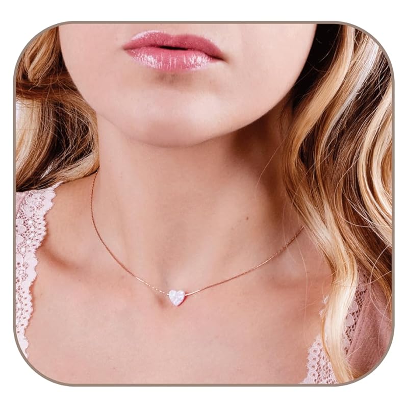 Pink Opal Heart on Rose Gold Filled Choker Necklace - Designer Handmade Necklace for Women - Length: 13.5 inch + 3 inch Extender (rose gold filled, pink)