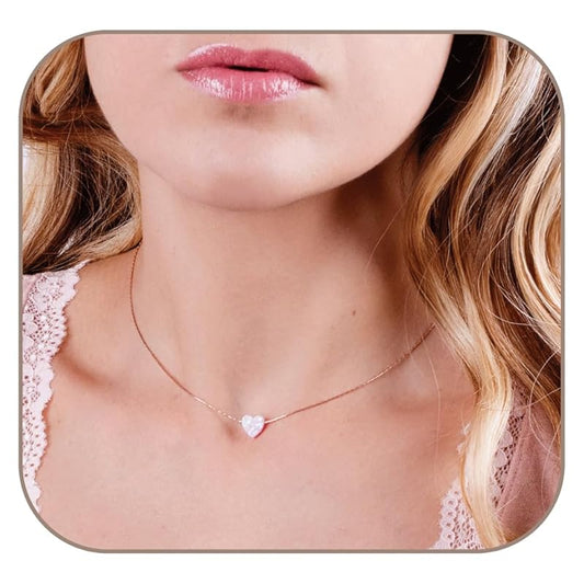 Pink Opal Heart on Rose Gold Filled Choker Necklace - Designer Handmade Necklace for Women - Length: 13.5 inch + 3 inch Extender (rose gold filled, pink)