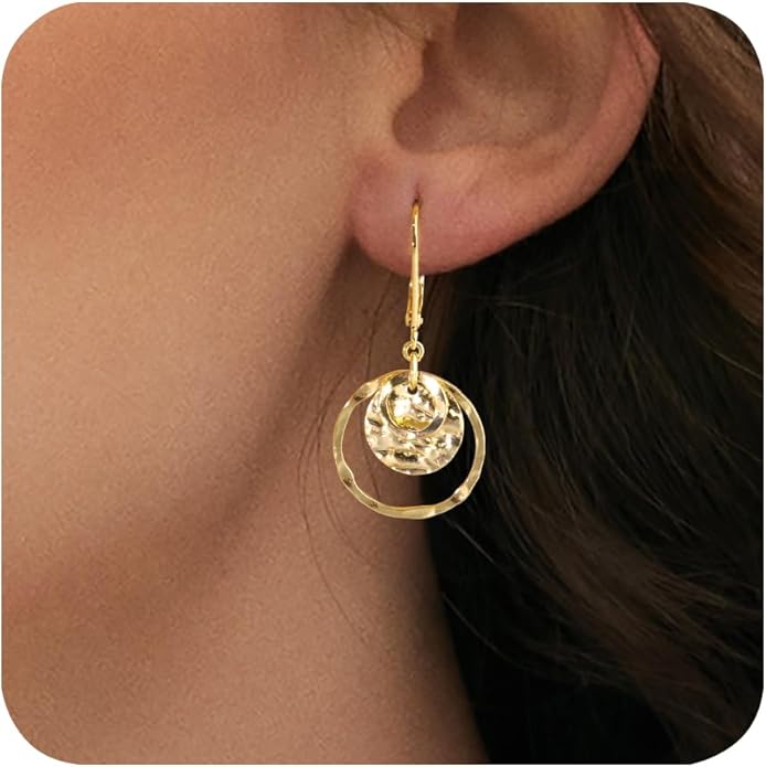 Sterling Silver Disc Leverback Earrings for Women Gold and Silver Circle Drop Dangle Earrings Jewelry Hypoallergenic Hammered Leverback Dangle Earrings for Gifts