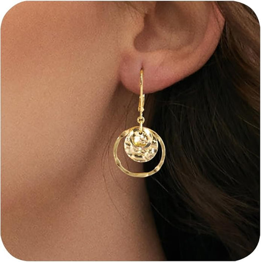 Sterling Silver Disc Leverback Earrings for Women Gold and Silver Circle Drop Dangle Earrings Jewelry Hypoallergenic Hammered Leverback Dangle Earrings for Gifts