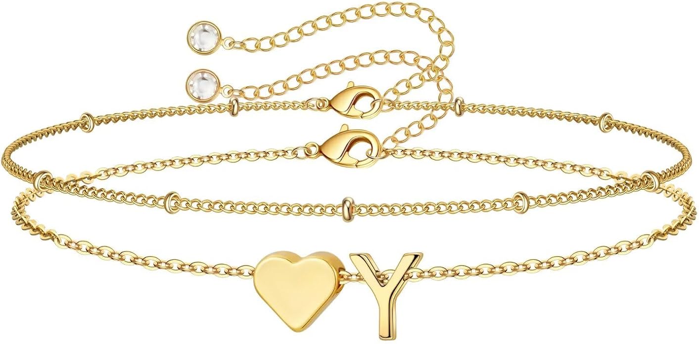 M MOOHAM Christmas Gifts for Grandkids Teens Girls -14K-Gold-Plated Heart Initial Bracelets for Women Girl Dainty Gold Bracelets Birthday Gift Stocking Stuffers for Women Teenage Girls Kids Gifts