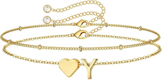 M MOOHAM Christmas Gifts for Grandkids Teens Girls -14K-Gold-Plated Heart Initial Bracelets for Women Girl Dainty Gold Bracelets Birthday Gift Stocking Stuffers for Women Teenage Girls Kids Gifts