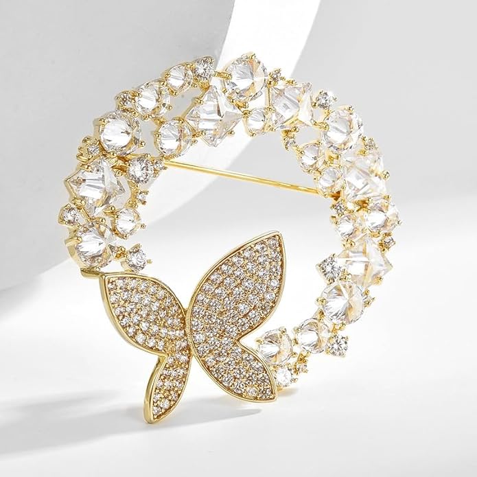 14K Gold Grand Butterfly Brooch with Crystal Embellishments, Circular Design Adorned with Natural Pearl, Luxurious and Elegant Pin for Stylish Attire