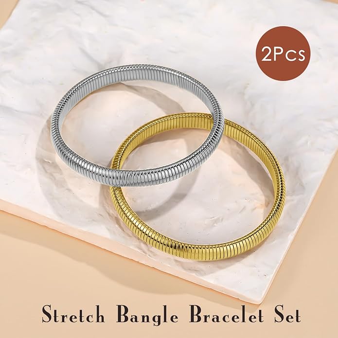 Emibele Gold Bangles Bracelet Set for Women, 18K Gold Plated Chunky Stainless Steel Non Tarnish Stretch Bracelet Stack, Flexible Wide Wristband Bangle Layered Snake Chain Bracelets